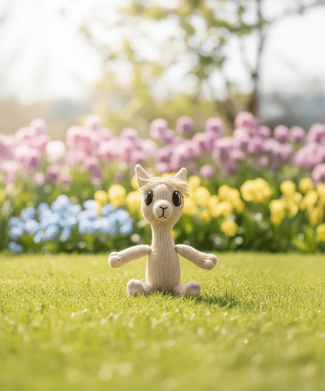 Alpaca de fieltro en un jardín con flores